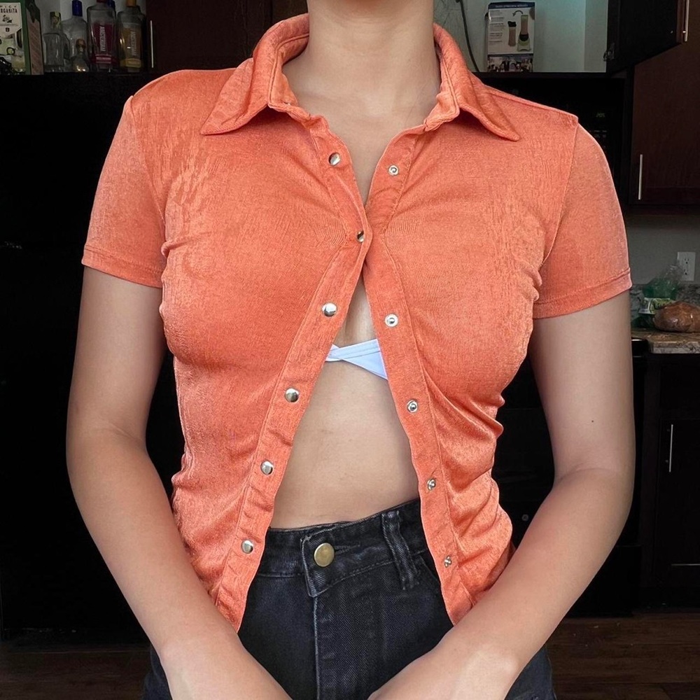 orange button up crop top short sleeve velvety tee by princess polly